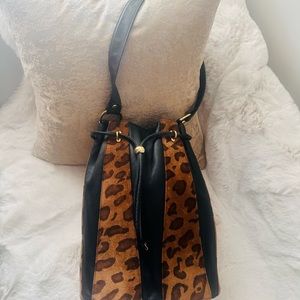 Beautiful Leopard/Black Leather Bucket Bag! Like New! Gold hardware